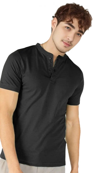 Mayawye Men's Casual Half sleeve Solid Cotton Henley Neck T-shirt (Black)