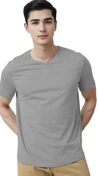 Mayawye Men's Casual Half sleeve Solid Cotton V Neck T-shirt (Grey Melange)