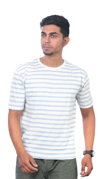 Mayawye Men's Casual Half sleeve Stripped Cotton Crew Neck T-shirt (White)