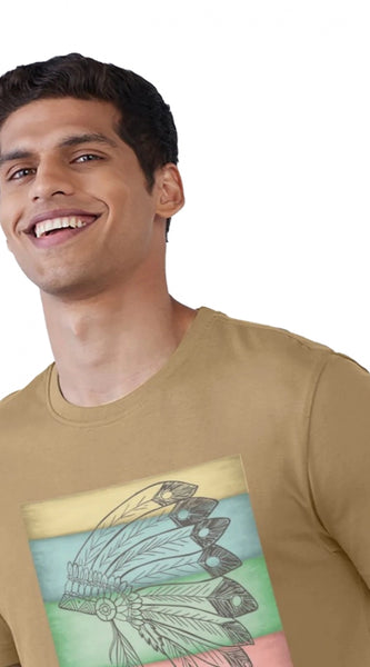 Mayawye Men's Casual Half sleeve Digital Printed Cotton Crew Neck T-shirt (Sand)