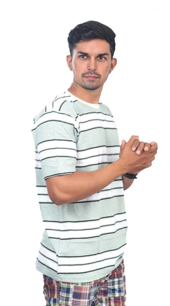 Mayawye Men's Casual Half sleeve Stripped Cotton Crew Neck T-shirt (White )