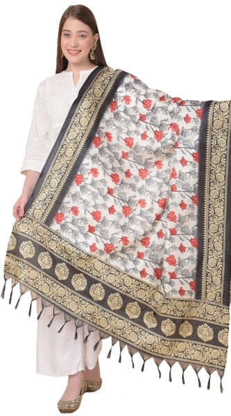 Mayawye Women's Art Silk Printed Dupatta (Black, Length: 2.25 to 2.50 Mtr)