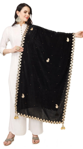 Mayawye Women's Velvet Gotta Patti Dupatta (Black, Length: 2.25 to 2.50 Mtr)