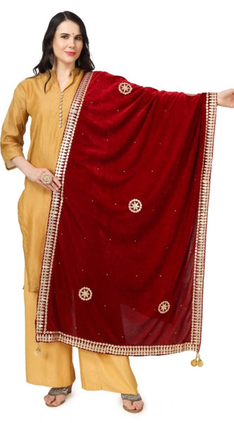 Mayawye Women's Velvet Gotta Patti Dupatta (Maroon, Length: 2.25 to 2.50 Mtr)