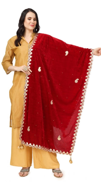 Mayawye Women's Velvet Gotta Patti Dupatta (Maroon, Length: 2.25 to 2.50 Mtr)