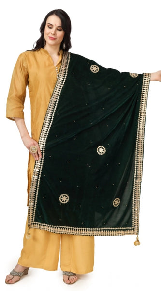 Mayawye Women's Velvet Gotta Patti Dupatta (Green, Length: 2.25 to 2.50 Mtr)