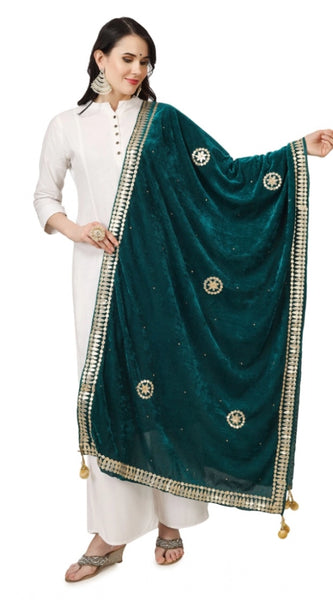Mayawye Women's Velvet Gotta Patti Dupatta (Dark Green, Length: 2.25 to 2.50 Mtr)