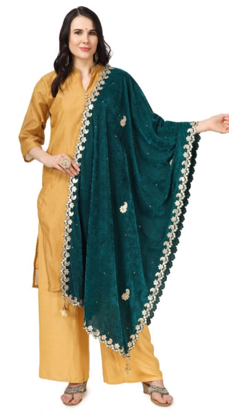 Mayawye Women's Velvet Gotta Patti Dupatta (Dark Green, Length: 2.25 to 2.50 Mtr)