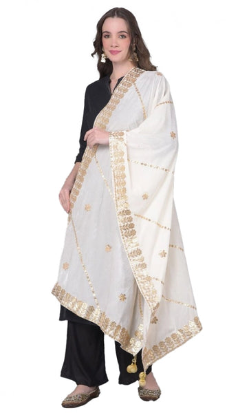Mayawye Women's Velvet Gotta Patti Dupatta (White, Length: 2.25 to 2.50 Mtr)