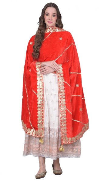 Mayawye Women's Velvet Gotta Patti Dupatta (Red, Length: 2.25 to 2.50 Mtr)