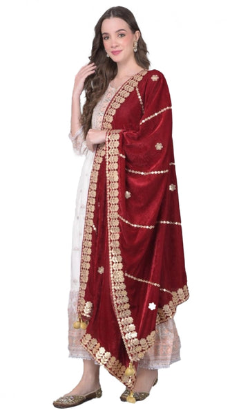 Mayawye Women's Velvet Gotta Patti Dupatta (Maroon, Length: 2.25 to 2.50 Mtr)