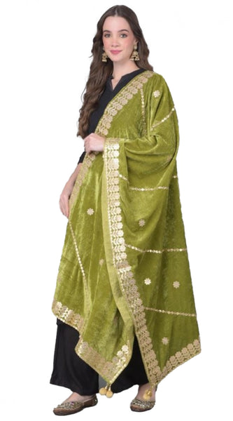 Mayawye Women's Velvet Gotta Patti Dupatta (Olive, Length: 2.25 to 2.50 Mtr)