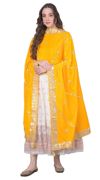 Mayawye Women's Velvet Gotta Patti Dupatta (Yellow, Length: 2.25 to 2.50 Mtr)