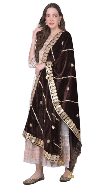 Mayawye Women's Velvet Gotta Patti Dupatta (Brown, Length: 2.25 to 2.50 Mtr)
