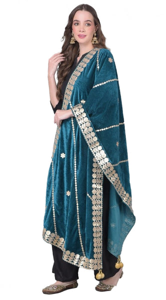 Mayawye Women's Velvet Gotta Patti Dupatta (Teal, Length: 2.25 to 2.50 Mtr)