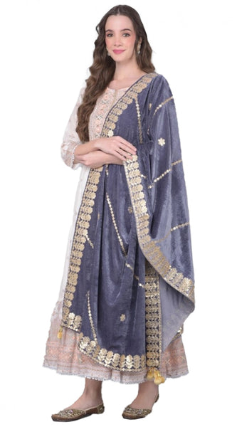 Mayawye Women's Velvet Gotta Patti Dupatta (Grey, Length: 2.25 to 2.50 Mtr)
