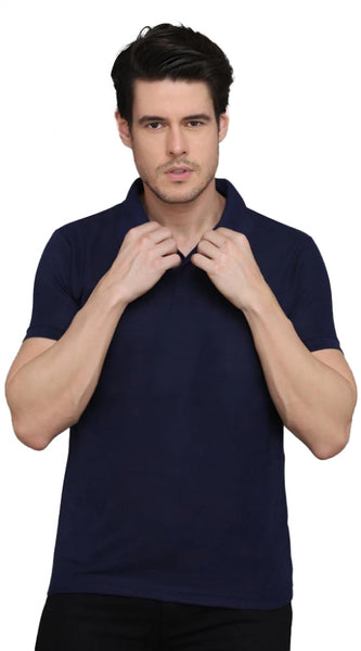Mayawye Men's Casual Half Sleeve Solid Cotton Blended Polo Neck T-shirt (Navy Blue)