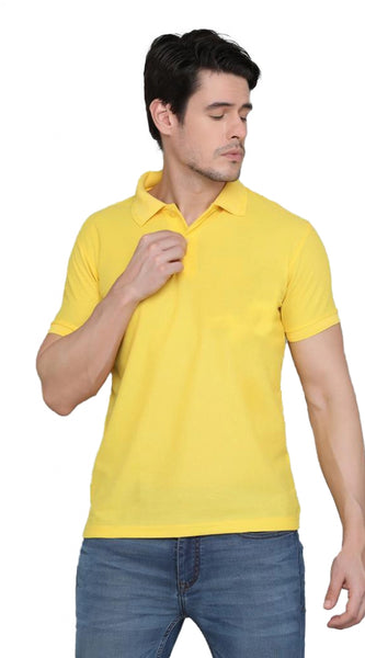 Mayawye Men's Casual Half Sleeve Solid Cotton Blended Polo Neck T-shirt (Yellow)