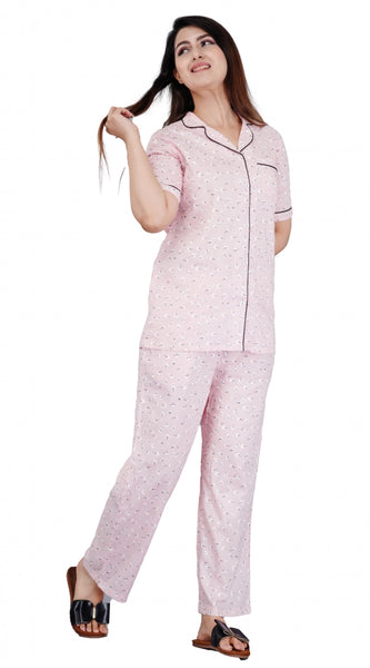 Mayawye Women's Casual Half Sleeve Printed Viscose Rayon Shirt With Pyjama Pant Night Suit Set (Pink)