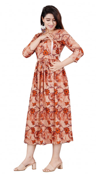 Mayawye Women's Casual 3/4 Sleeve Printed Viscose Maternity Feeding Kurti (Brown)