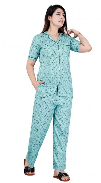 Mayawye Women's Casual Half Sleeve Printed Viscose Rayon Shirt With Pyjama Pant Night Suit Set (Green)