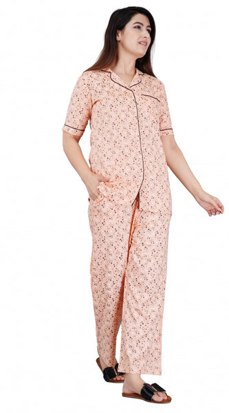 Mayawye Women's Casual Half Sleeve Printed Viscose Rayon Shirt With Pyjama Pant Night Suit Set (Peach)