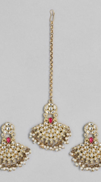 Mayawye Women's Rose Gold Plated Alloy Kundan Earrings & Mangtikka (White)