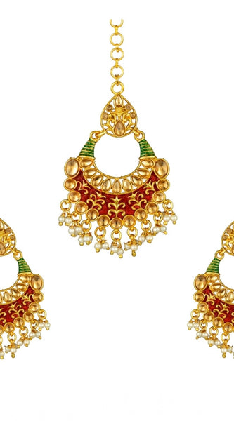 Mayawye Women's Rose Gold Plated Alloy Kundan Earrings & Mangtikka (Red & Green)