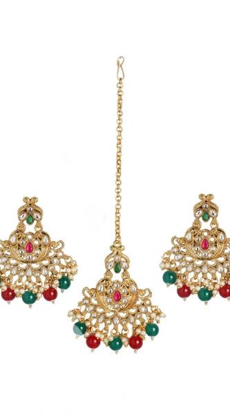 Mayawye Women's Rose Gold Plated Alloy Kundan Earrings & Mangtikka (Red & Green)
