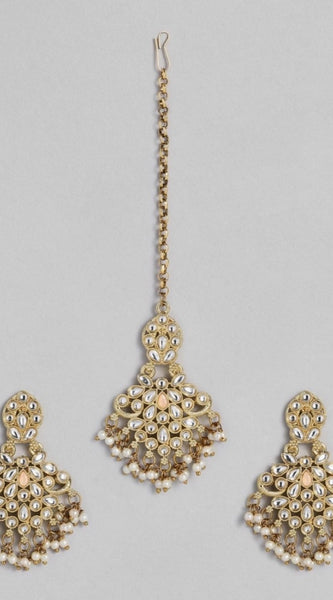 Mayawye Women's Rose Gold Plated Alloy Kundan Earrings & Mangtikka (White)