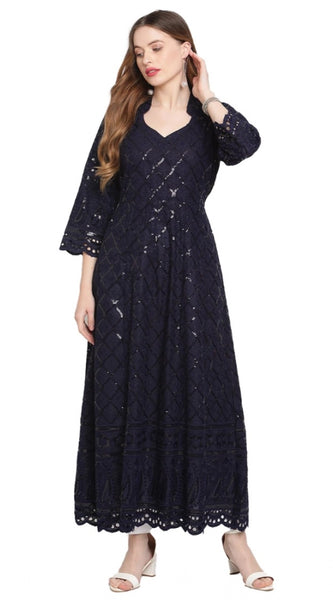 Mayawye Women's Casual 3/4th Sleeve Embroidered Cotton Kurti (Navy Blue)
