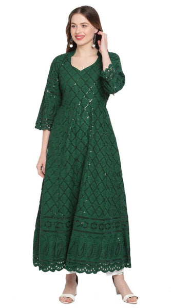 Mayawye Women's Casual 3/4th Sleeve Embroidered Cotton Kurti (Dark Green)
