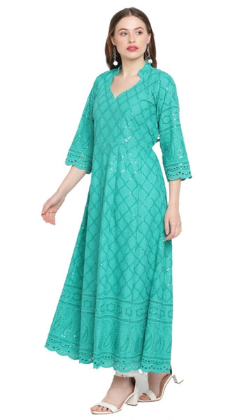Mayawye Women's Casual 3/4th Sleeve Embroidered Cotton Kurti (Blue)