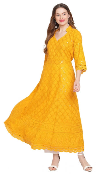 Mayawye Women's Casual 3/4th Sleeve Embroidered Cotton Kurti (Mustard)