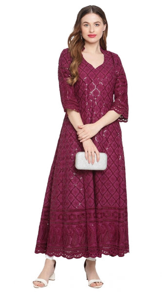 Mayawye Women's Casual 3/4th Sleeve Embroidered Cotton Kurti (Purple)