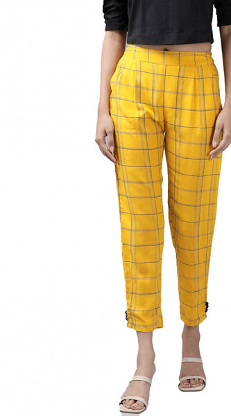 Mayawye Women's Casual Checked Rayon Trouser Pant (Yellow)