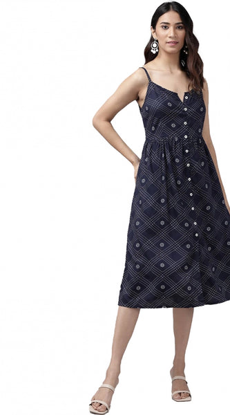 Mayawye Women's Casual Sleeveless Stripe Printed Rayon Dress (Blue)