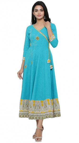 Mayawye Women's Casual 3/4 th Sleeve Embroidery Cotton Blend Kurti (Torque Green)