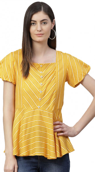 Mayawye Women's Casual Short Sleeves Stripe Printed Rayon Top (Mustard)