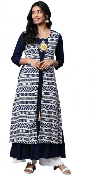 Mayawye Women's Casual 3/4 th Sleeve Geometric Rayon Kurti (Navy Blue)