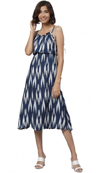 Mayawye Women's Casual Sleeveless Ikat Print Rayon Dress (Blue)