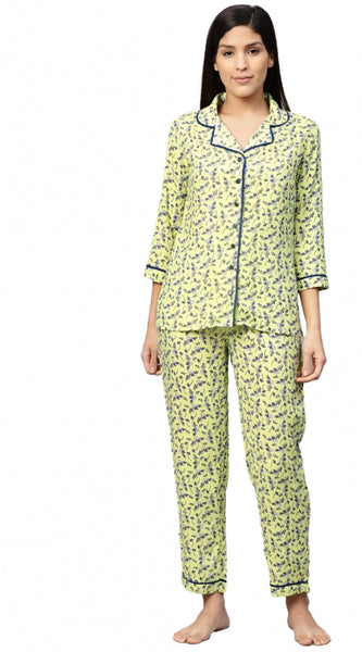 Mayawye Women's Casual 3/4 Sleeve Floral Printed Rayon Shirt With Pyjama Pant Night Suit Set (Green)