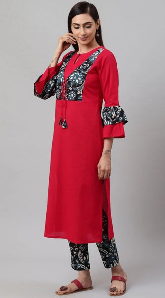 Mayawye Women's Casual Bell Sleeves Floral Printed Cotton Kurti Set (Rani Pink)