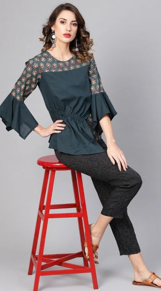 Mayawye Women's Casual Bell Sleeves Floral Printed Cotton Slub Top (Grey)
