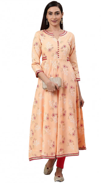 Mayawye Women's Casual 3/4 th Sleeve Floral Printed Rayon Kurti (Peach)