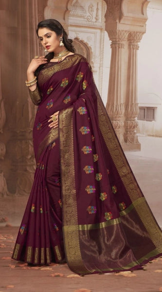 Mayawye Women's Chanderi Cotton Printed Saree With Unstitched Blouse (Maroon, 5-6 Mtrs)