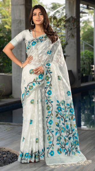 Mayawye Women's Cotton Printed Saree With Unstitched Blouse (White, 5-6 Mtrs)