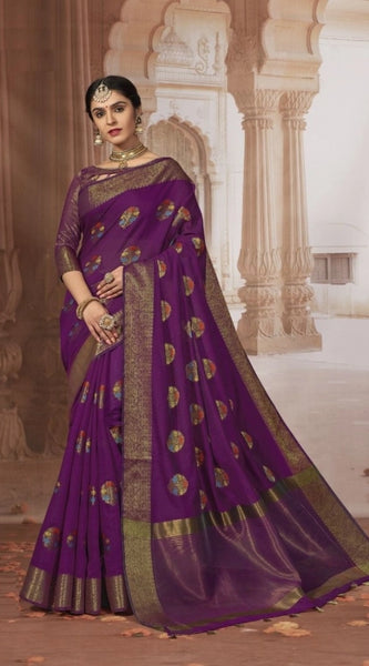 Mayawye Women's Chanderi Cotton Printed Saree With Unstitched Blouse (Purple, 5-6 Mtrs)