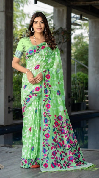 Mayawye Women's Cotton Printed Saree With Unstitched Blouse (Green, 5-6 Mtrs)