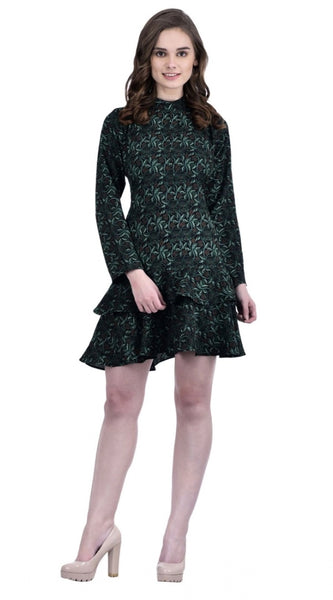 Mayawye Women's Cotton Blend Floral Full Sleeves Dress (Green)
